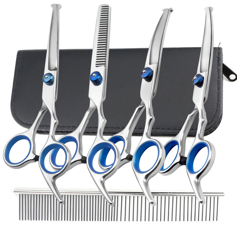 Dog Grooming Scissors Kit Professional Dog Scissors for grooming with Safety Round Tip 6 in 1 4CR Coated Stainless Steel Heavy Duty Thinning Curved Pet Shears Set for Dogs Cats Other Animals at home 6 in 1 Dog Grooming Scissors Set - PawsPlanet Australia