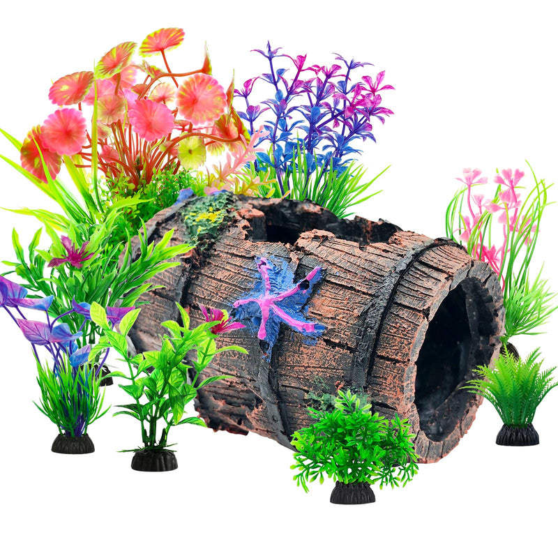 CousDUoBe Fish Broken Barrel Decor Fish Tank Decorations Betta Fish Tank Accessories,Starfish Barrel x 1pc, Fish Tank Plants x 8pcs - PawsPlanet Australia