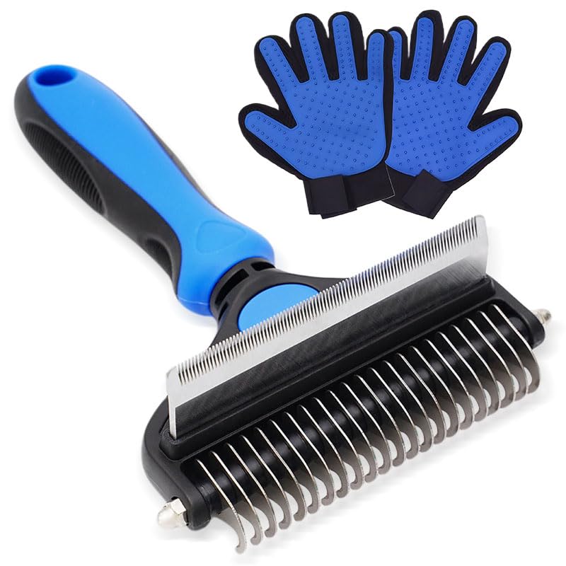 2 in 1 Dog Grooming Brush & Grooming Gloves Combo, Dematting Comb for Dogs - Deshedding Undercoat Rake, Pet Hair Grooming Brush for Long and Short Haired Dogs or Cats(Large, Blue) - PawsPlanet Australia