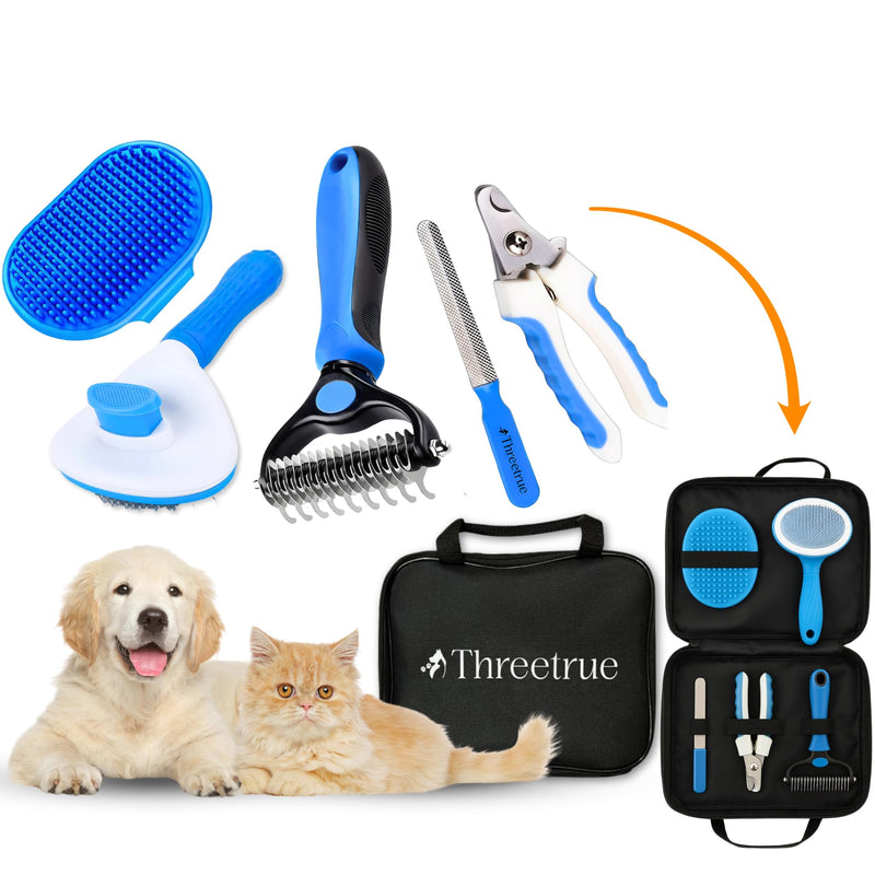 Complete Dog Brush set, 5-in-1 Grooming kit with Slicker Brush, Rubber Massage Brush, Nail Clipper, File, and Undercoat Rake. - PawsPlanet Australia