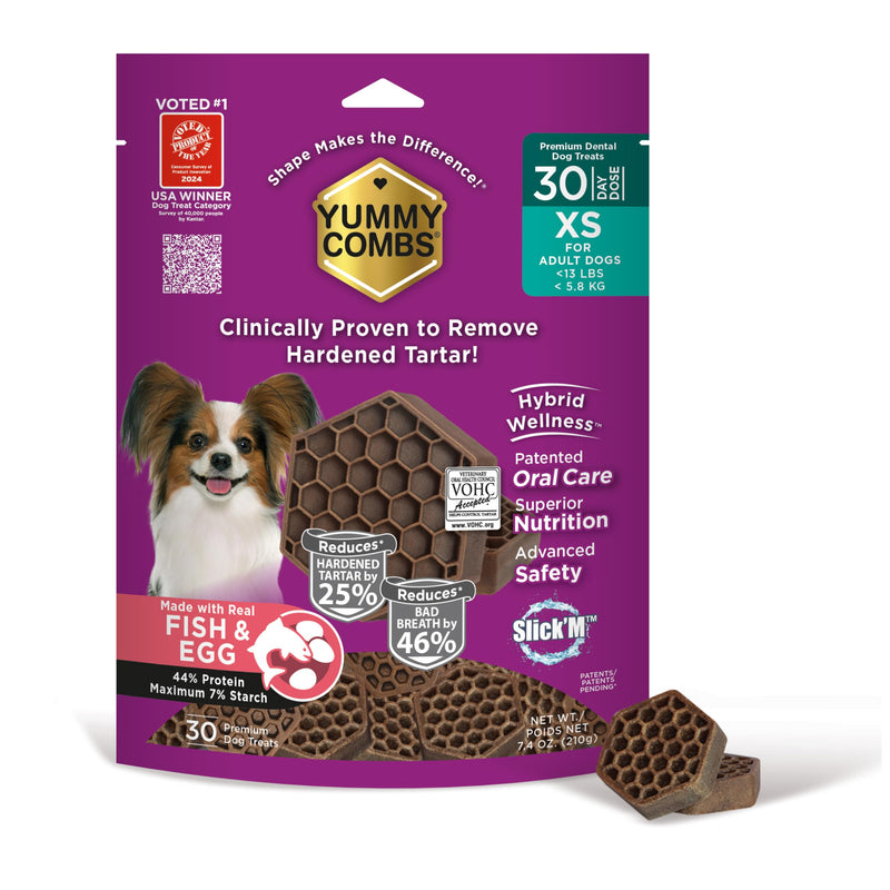 Yummy Combs Dog Dental Treats – Fish & Egg Protein – Vet VOHC Approved, Removes Tartar – A Daily Teeth Cleaning Treat for Extra Small Dogs (30 Count)