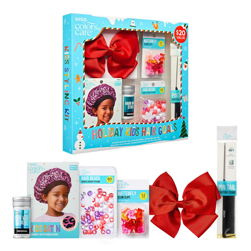 KISS Colors & Care Holiday Hair Goals Kids Hair Styling Gift Set, 12 Pc. Butterfly Claw Clips, 60 Pc. Pink Hair Beads, Wideband Satin Bonnet, Jumbo Bow Hair Clip, Hair Wax Stick, Parting Pintail Comb One Size (Gift Set)
