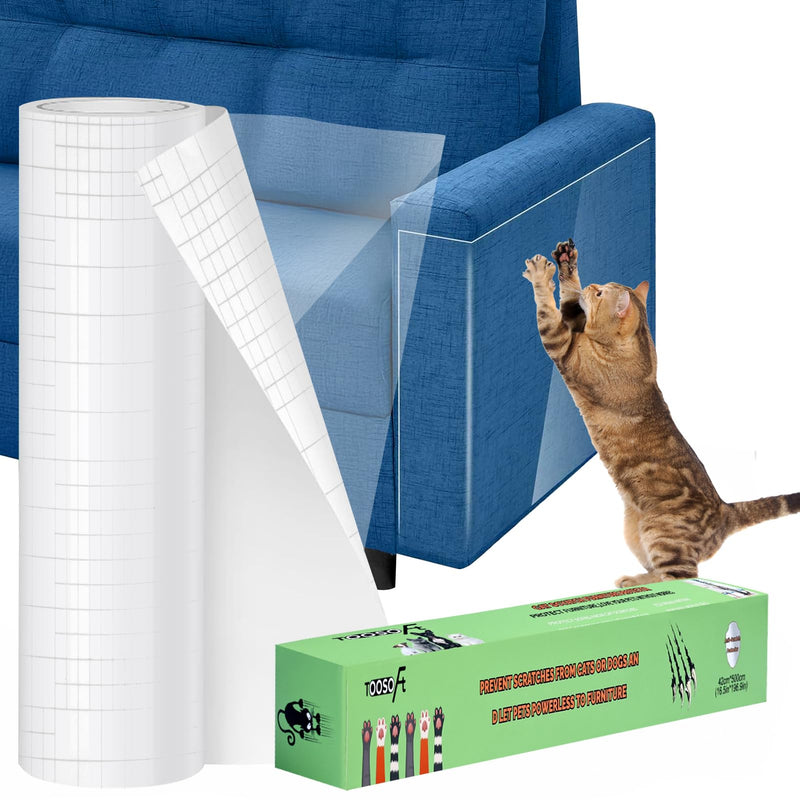 TOOSOFt Anti Cat Scratch Furniture Protector Clear Thicken Vinyl 196.9"x16.5" Couch Protector from Cat Claws - Single Sided Sticky Flexible Dog Tape for Furniture, for Couch Corner Door Walls Bed 196.9"x16.5" - PawsPlanet Australia