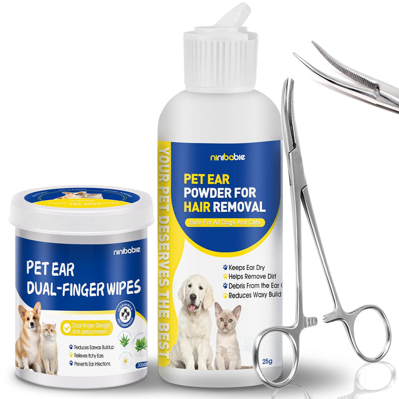 Dog Ear Hair Removal Kit with Powder & 5.5" Curved Locking Forceps - Dog Ear Finger Wipes Gentle Ear Grooming Tool for Dogs - Absorb Moisture, Remove Dirt - Alcohol-Free Pet Ear Care ear powder+tweezers+finger wipes
