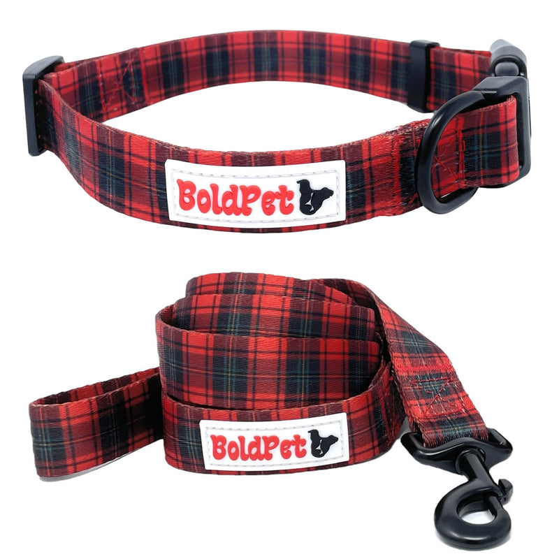 BOLDPET® Dog Collar and Leash Set - Durable Polyester Material -Adjustable Collar-Safe Metal Buckle-Cute Plaid Dog Leash and Collar Set for Small, Medium and Large Dogs