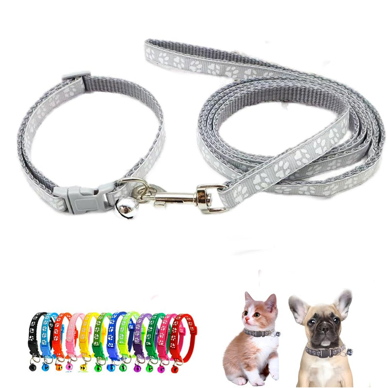Cat Collars with Bell Leash Set, Nylon Basic Reflective Puppy Collar Boy Girls Paw Print for XXS Xs Small Dog Kitten Pet Animal Tiny,Grey grey Neck 7-12" - PawsPlanet Australia