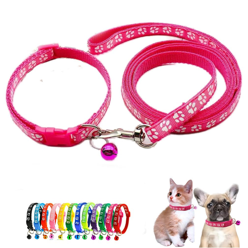 XS Dog Collar Leash Set, Nylon Puppy Collars with Bell Paw Print Basic Reflective Small Dog Collars Girls for XXS Xs Small Pet Animal Litter Tiny, Hot Pink Neck 7-12" - PawsPlanet Australia