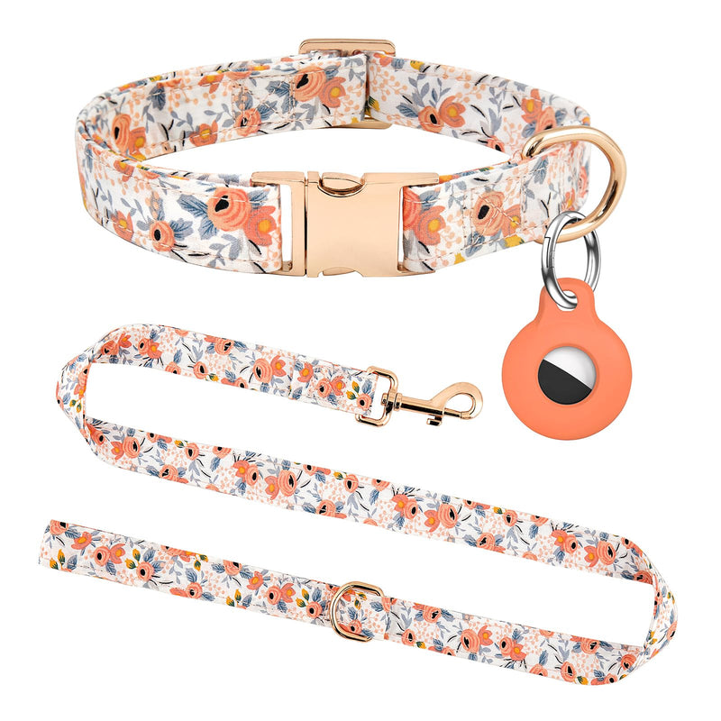 Dog Collar and Leash Set with AirTag Holder,Adjustable Dog Collars with Quick Release Metal Buckle,Flowers Patterns with Soft Padded for Small Medium Large Dogs Orange flower Set-M - PawsPlanet Australia