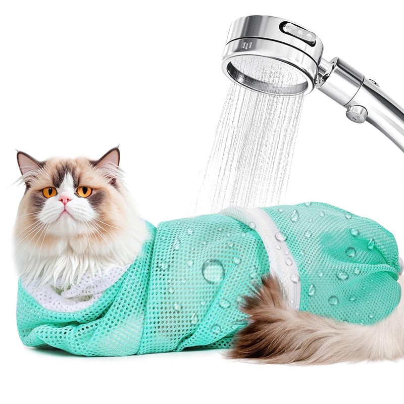 Cat Bag for Bath Adjustable Breathable Mesh Pet Restraint Bag for Bath Nail Trim Medicine and Vet Visits Escape Proof Wash Bag Green Blue - PawsPlanet Australia