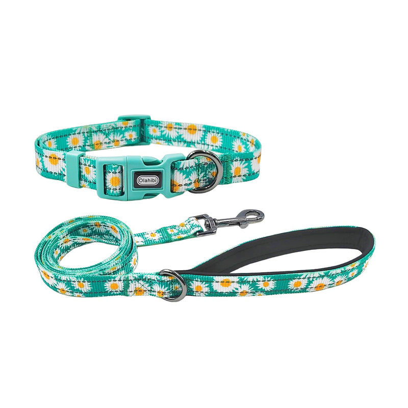 Dog Collar Leash Set, Floral Pattern, with Safety Reflective Strips, 5 ft Matching Leash, Neoprene Padded Handle, Adjustable 4 Sizes for Small Medium Large Dogs.(S, Pink Daisy) Floral Daisy Green