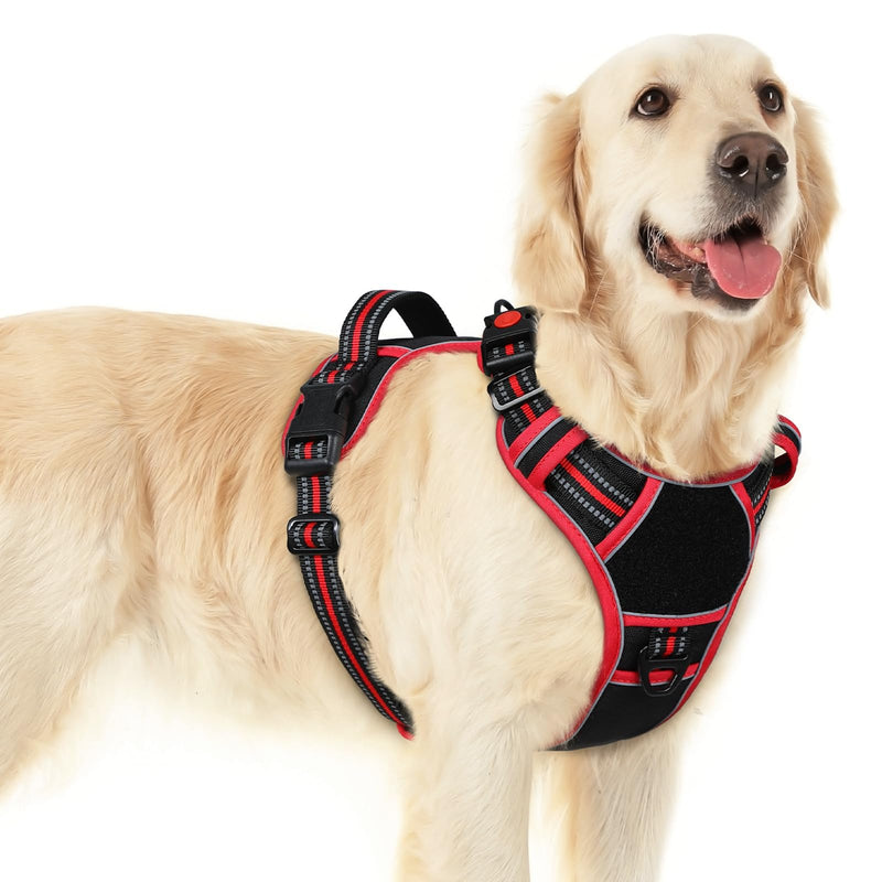 Eagloo Dog Harness for Large Dogs, Easy Wearing with 3 Buckles, Adjustable No Pull Pet Harness with 2 Rings for Walking, No Chock Reflective Soft Padded Vest with Control Handle, Black & Red, L - PawsPlanet Australia