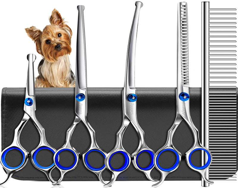 Dog Grooming Scissors Set with Safety Round Tip Dog Grooming Shears Stainless Steel Professional 6 in 1 Pet Grooming Scissor for Dog Cat Other Animals Hair Cutting Trimming Right Left Handed - PawsPlanet Australia