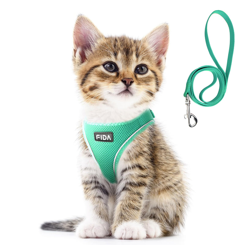 Fida Cat Harness and Leash Set for Walking Kitten and Puppy, Escape Proof Kitten Harness with Breathable Lightweight Soft Mesh, Adjustable Reflective Step-in Design. (XS, Green) XS (Neck:12.2"-13"; Girth:14.2"-16.1") Turquoise - PawsPlanet Australia
