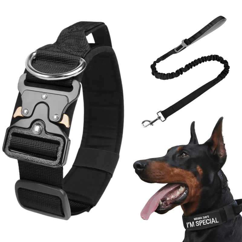 Tactical Dog Collar and Leash Set - Military Pet Collar with Handle and Heavy Metal Buckle Adjustable Dog Nylon Bungee Leash Dog Training Collar & Leash with Patches for Medium Large Dog (Black, L) Black - PawsPlanet Australia