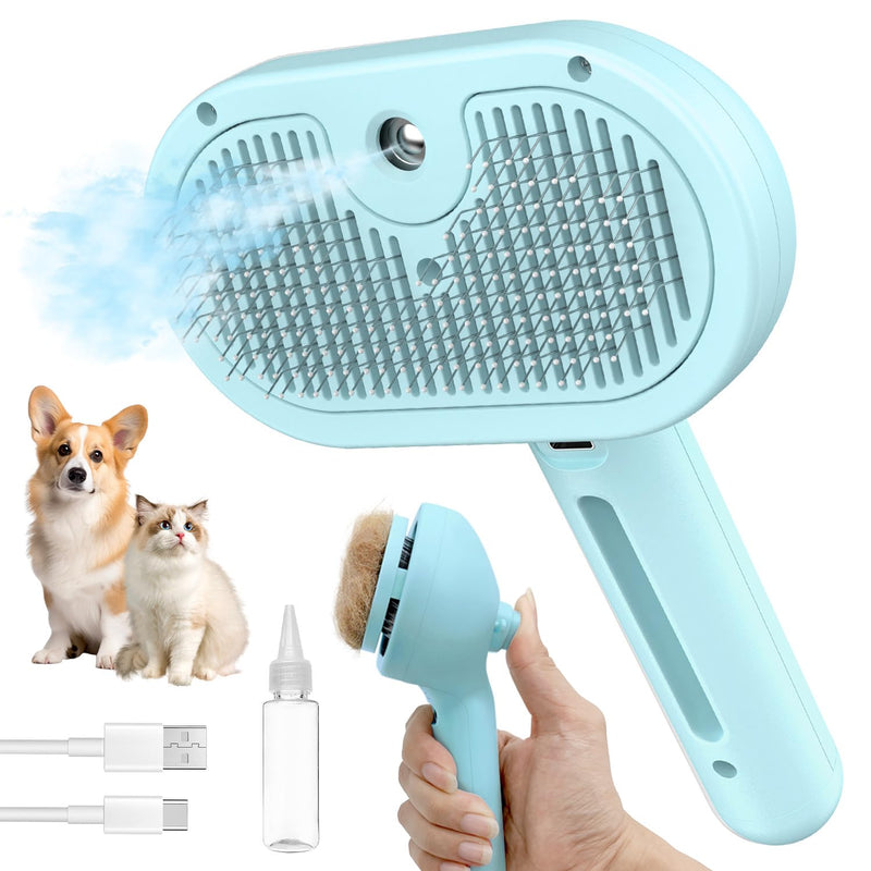 Cat Steam Brush for Shedding, 3 In 1 Self Cleaning Steamy Pet Brush Anti Static Flying Hair Spray Cat Comb for Long and Short Hair Pets Grooming Remove Loose Haired Reduce Shedding (Blue) Blue - PawsPlanet Australia