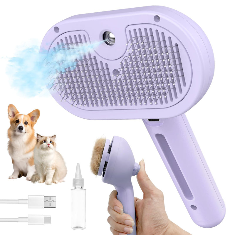 3 in 1 Steam Cat Brush for Shedding - Self-Cleaning Dog Grooming Tool for Long and Short Hair Pets - Removes Static, Flying Hair, and Loose Fur (Purple) Purple - PawsPlanet Australia