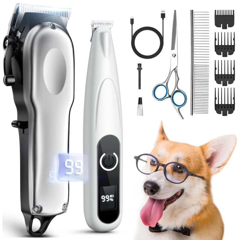Dog Grooming Kit with Dog Paw Trimmer for Heavy Thick Hair, Low Noise Clippers for Grooming with Stainless Steel Blade, Cordless Dog Hair Clippers, Rechargeable Dog Shaver for Pets Cats White - PawsPlanet Australia