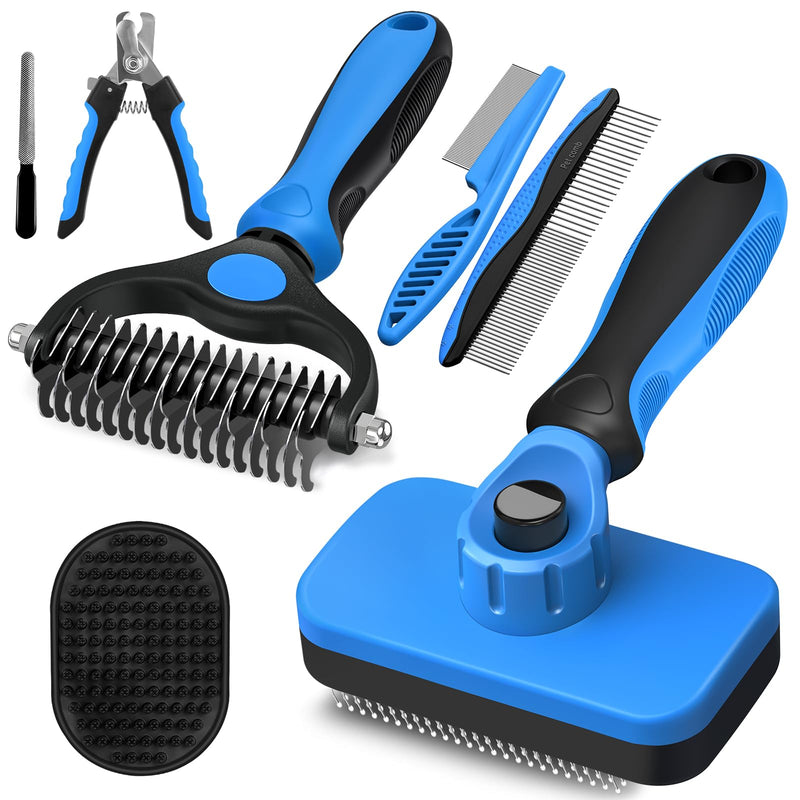 7 in 1 Pet Grooming Kit - Dog&Cat Comb, Deshedding Brush, Nail Clipper with File, Bath Brush - Premium Pet Supplies (Blue) C-7PCS Blue - PawsPlanet Australia