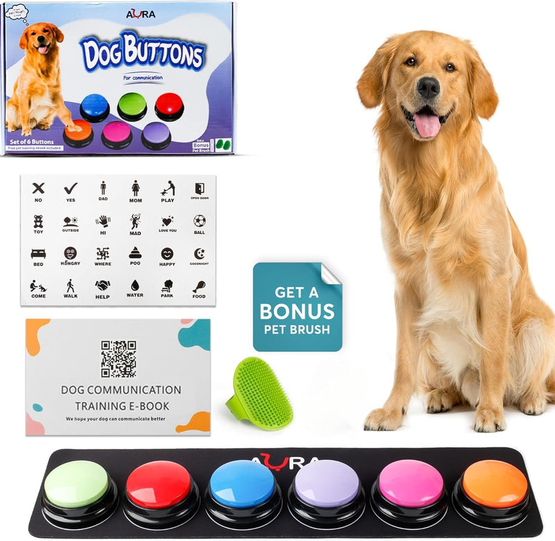 A-URA Dog Buttons for Communication with Non-Slip Mat, HD Sound 30s Recordable Dog Talking Button Set with Training Guide eBook and 24 Stickers, Pet Talking Buttons for Dog Speaking (6pc) Pack of 6 - PawsPlanet Australia