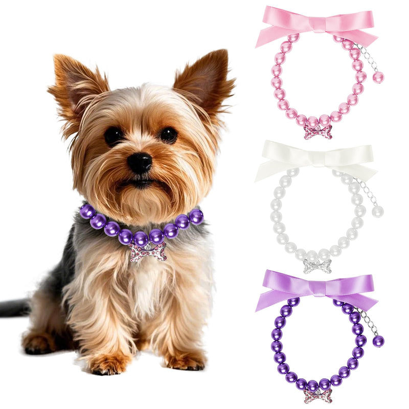 3 Pcs Small Dog Collars Female Jewelry Cute Ribbon Bow Pet Cat Pearl Necklace Collar with Bling Rhinestones Bone for Dogs Puppy Kitten Wedding Birthday Party White,Pink and Purple - PawsPlanet Australia