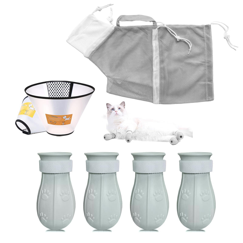 7 Pieces of Cat Bathing Supplies,Anti-Scratch Silicone Cat Shoes,Cat Claw Covers, Cat Shower Net Bag,Cat Bathing Bag,Elizabethan Collar (Grey-3) Grey-3 - PawsPlanet Australia