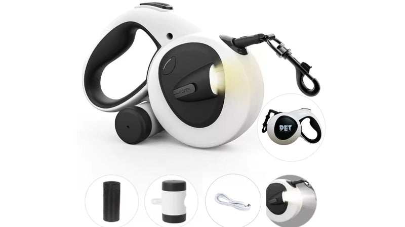 4-in-1 Retractable Dog Leash 16ft with LED Light, Poop Bag Dispenser & Bags – Heavy Duty, Tangle-Free Leash for Small to Large Dogs up to 110lbs, One-Button Brake & Anti-Slip Handle (L) - PawsPlanet Australia