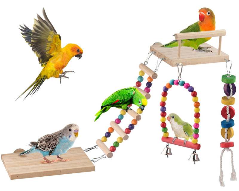 5in1 Bird Parakeet Toys, Detachable Birdie Perches Platform Swing with Climbing Ladder, Parrot Cage Stand Accessories, Wooden Playing Gyms for Conure Cockatiel Lovebird Finch Budgerigar Pigeon - PawsPlanet Australia