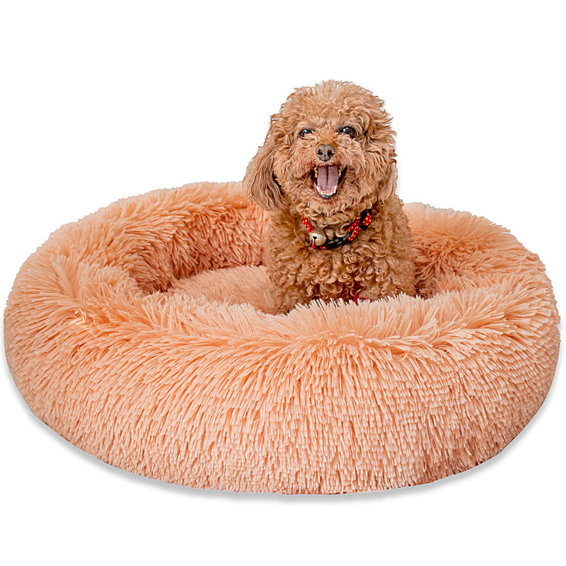 Calming Dog Bed for Small Dogs Cats, Kitty Puppy 23'' Round Anti-Anxiety Warm Fluffy Plush Faux Fur Bed, Soft Anti-Slip Donut Washable Small Pet Bed, Cozy Cat Puppy Bed, Fits up to 30 lbs Pets S (23.5x23.5x6.5) Solid Color Khaki - PawsPlanet Australia