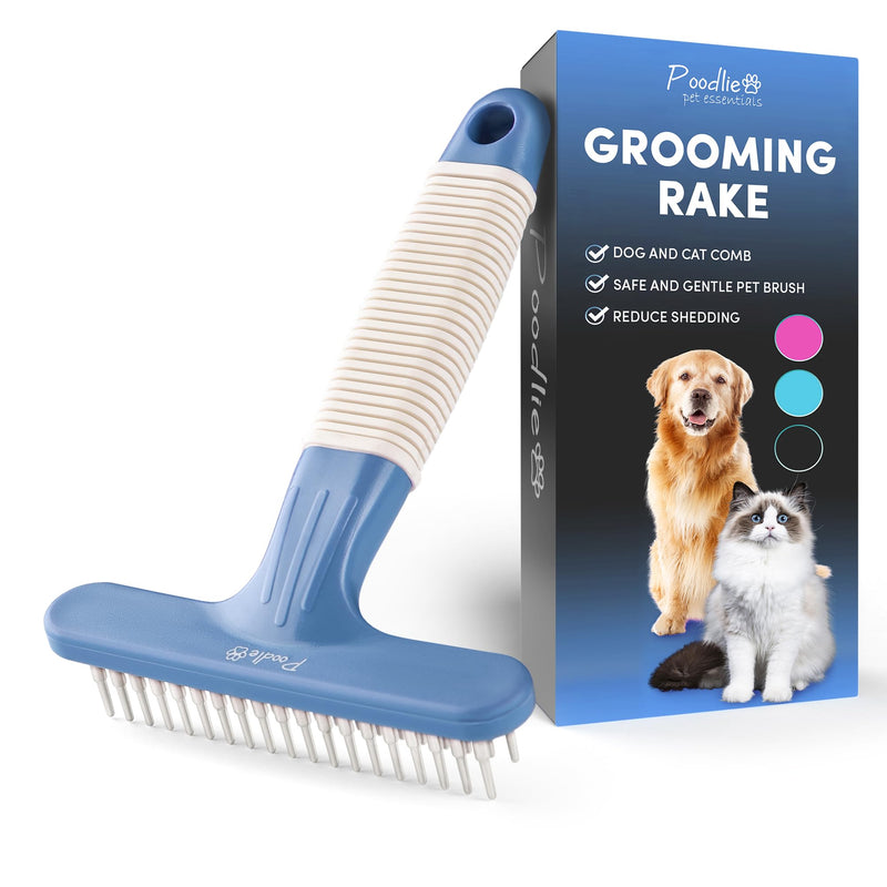 POODLIE Poodle Pet Dog Grooming Rake | Dematting Tool with Stainless Steel Shedding Comb for Pets | 2 Rows of Pins Gently Remove Loose or Tangled Hair from Undercoat (Blue) Blue