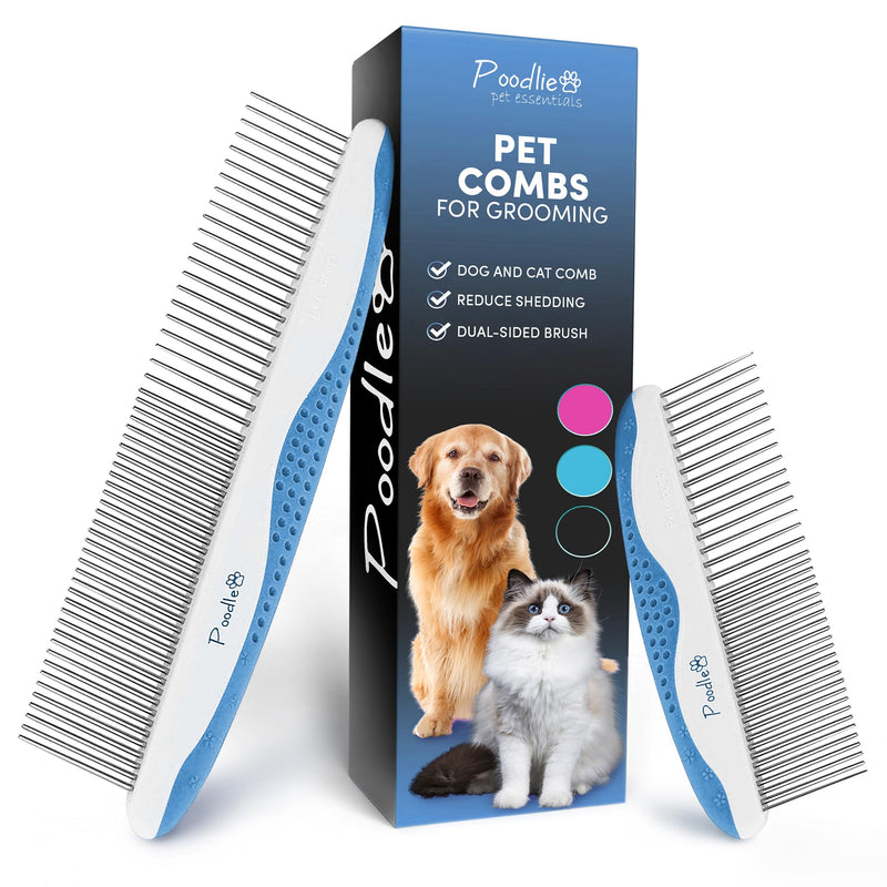 Poodle Pet Dog Combs for Grooming | 2 Pack | Stainless Steel Teeth Easily Remove Dirt | Proper Care Prevents Knots and Mats for Long and Short Haired Pets | Anti-Slip Comfort Grip Handle (Blue) Blue - PawsPlanet Australia