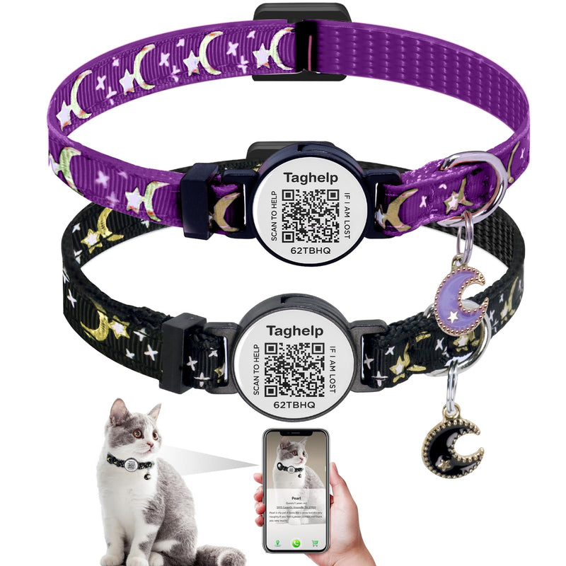 2PCS Breakaway Cat Collars with Moons Stars Cute Kitty Adjustable Safe Kitten Collars with Smart ID QR Code tag,Moon and Star Kitten Safety Collars for Boys & Girls(Black & Purple) Star & Moons - Black & Purple - PawsPlanet Australia