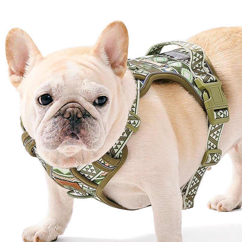 Dog Vest Harness for Medium Sized Dogs, No Pull Harness with 2 Metal Leash Clips, Easy On/Off with Neck Buckle, Adjustable Reflective Oxford Dog Vest with Easy Control Handle, French Bulldog Green Ethnic - PawsPlanet Australia