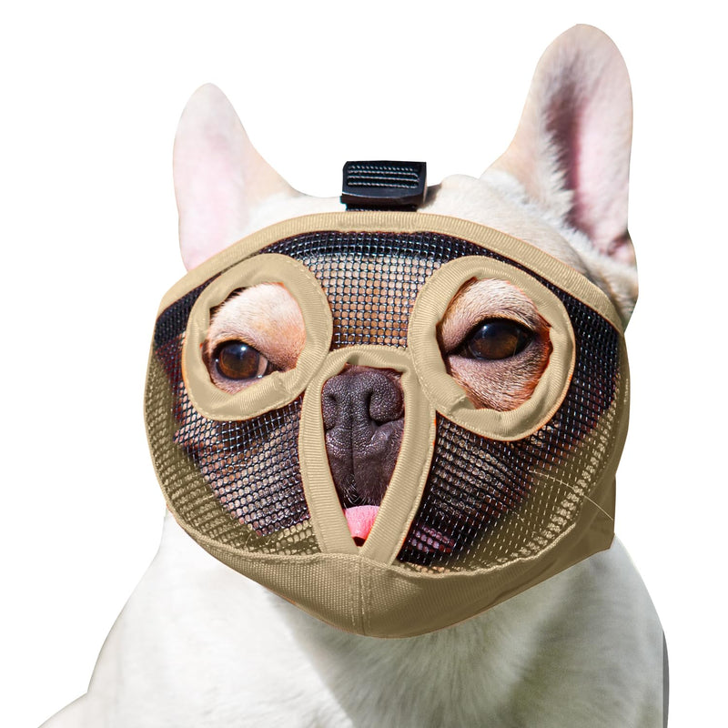 Short Snout Dog Muzzles- Adjustable Breathable Mesh Bulldog Muzzle for Biting Chewing Licking Training Grooming Dog Mask (Khaki, X-Large/ 18"-25") Khaki X-Large/ 18"-25" - PawsPlanet Australia