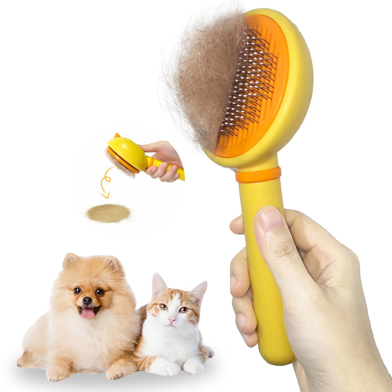 Cat Brush for Shedding, Self-Cleaning Slicker Brush for Indoor Cats, Gently Remove Loose Fur, Pet Grooming Massage Deshedding Tool, Suits Long & Short Haried Cats and Dogs Yellow+Orange