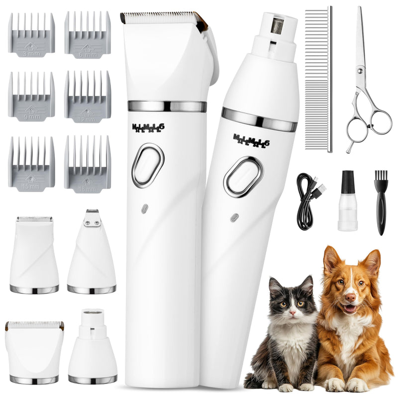 MALLMALL6 4 in 1 Dog Grooming Kit, High Performance 4 Hours Battery Life Professional Pet Clipper Set for Thick Fur, 2 Speed Low Noise Cat Shaver Paw Trimmer for Home Pet Grooming Shop White - PawsPlanet Australia