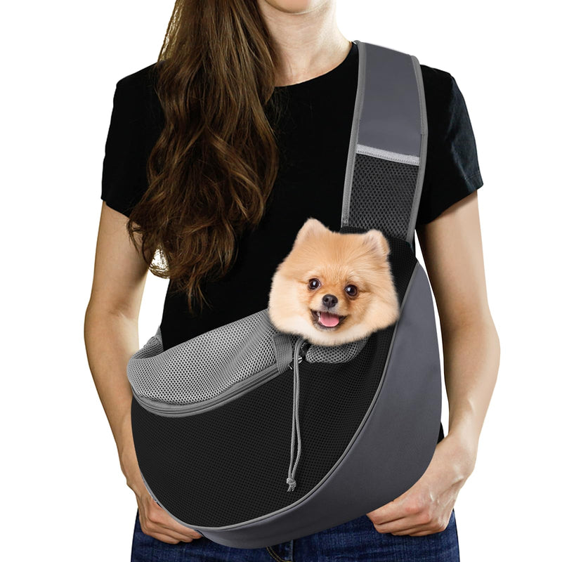Pawaboo Pet Dog Sling Carrier, Hand Free Drawstring Dog Papoose with Adjustable Strap, Breathable Mesh Bag for Puppy Cat, Crossbody Satchel Dog Purse with Pocket for Outdoor, Dark Gray+Black, Large Dark Gray + Black - PawsPlanet Australia