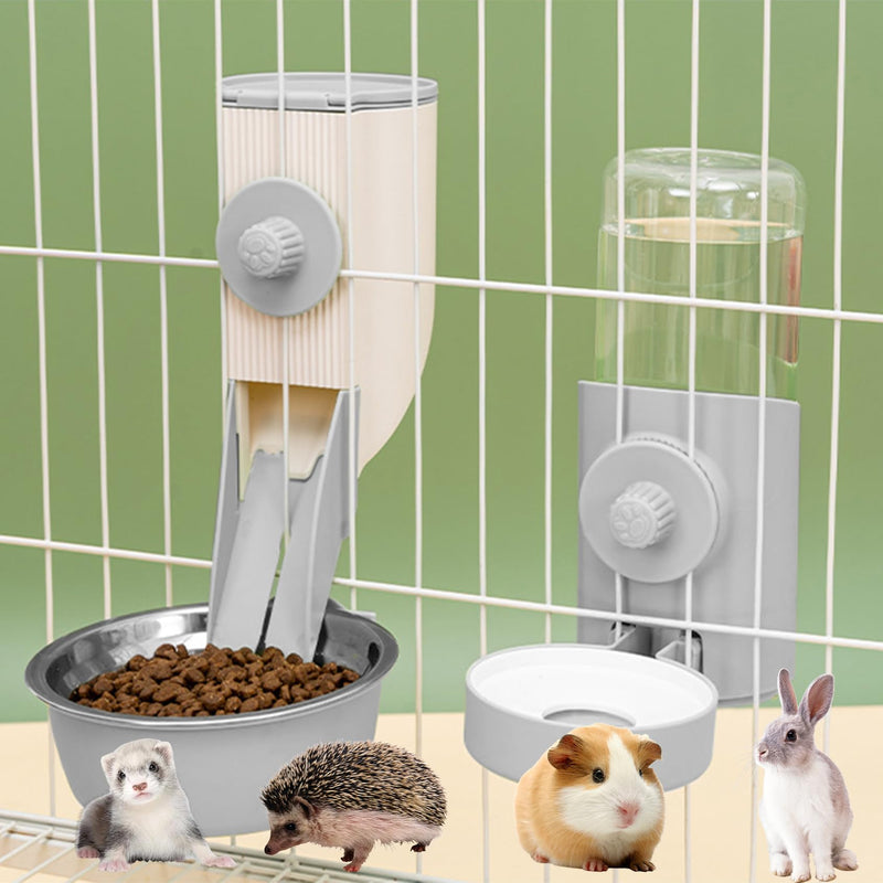 Rabbit Automatic Food Feeder with 30oz Bowl and 500ml Water Dispenser Bunny Gravity Feeding Station Waterer Set Hanging Self-Dispensing Feeder for for Cages,Ferret,Guinea Pigs Chinchillas Hedgehog GREY - PawsPlanet Australia