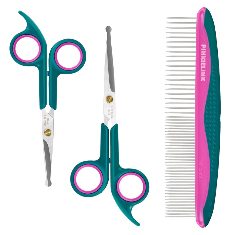 Pet Grooming Scissors Kit, Dog Grooming Shears with Stainless Steel Rounded Tip Blades for Safe Fur Trimming for Dog, Cat, Includes Pet Comb (Set of 3) Green 3 in 1 - PawsPlanet Australia