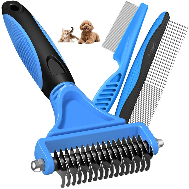3PCS Pet Grooming Rake & Metal Comb & Flea Comb for Cats and Dogs, Double-Sided Dematting Tool, Extra-Wide Deshedding Dog Brush for Long Hair to Effectively Remove Tangles, Knots and Mats (Blue) A-Blue - PawsPlanet Australia
