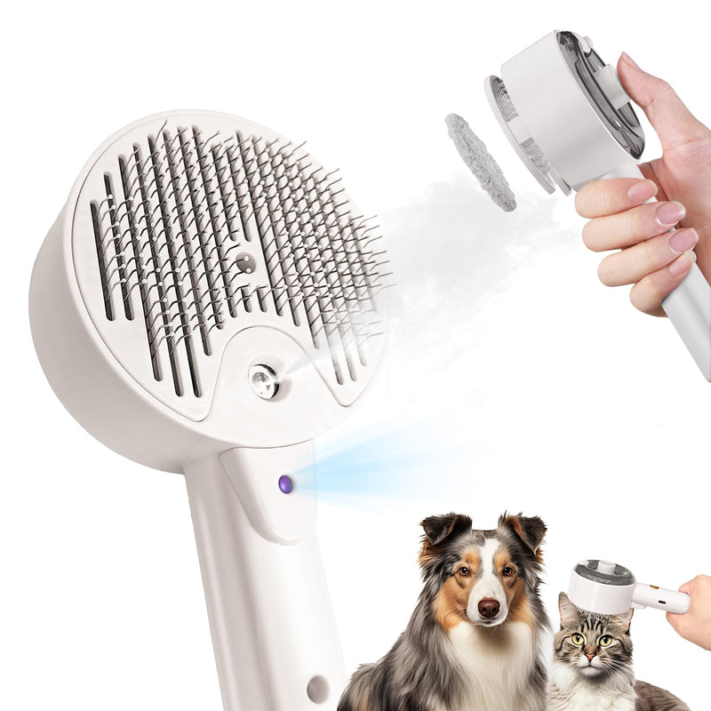 Cat Steam Brush For Shedding, Steamy Dog Grooming Brush With 2-Speed Spray, Blue Light And Release Button, Rechargeable Water Pet Hair Brushes Wet Self Cleaning Cat Spa Brush Cat Comb (White) White - PawsPlanet Australia