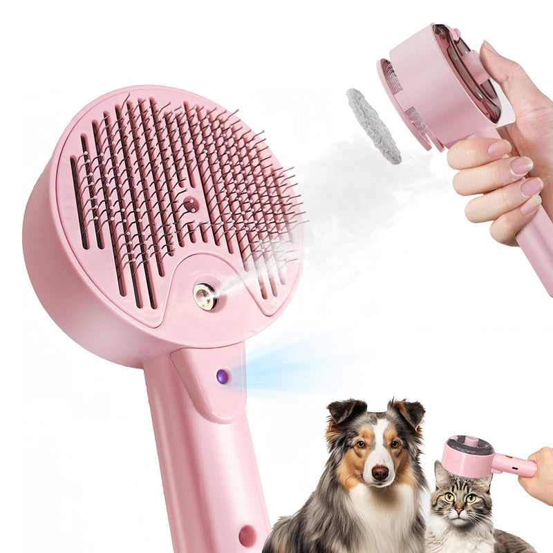 Cat Steam Brush For Shedding, Steamy Dog Grooming Brush With 2-Speed Spray, Blue Light And Release Button, Rechargeable Water Pet Hair Brushes Wet Self Cleaning Cat Spa Brush Cat Comb (Pink) Pink - PawsPlanet Australia