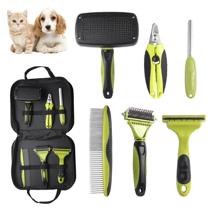 6 PCS Dog and Cat Grooming Kit, Versatile Tools Including Shedding Brush, Nail Clipper with Nail File, Slicker Brush, Dematting Comb Green - PawsPlanet Australia
