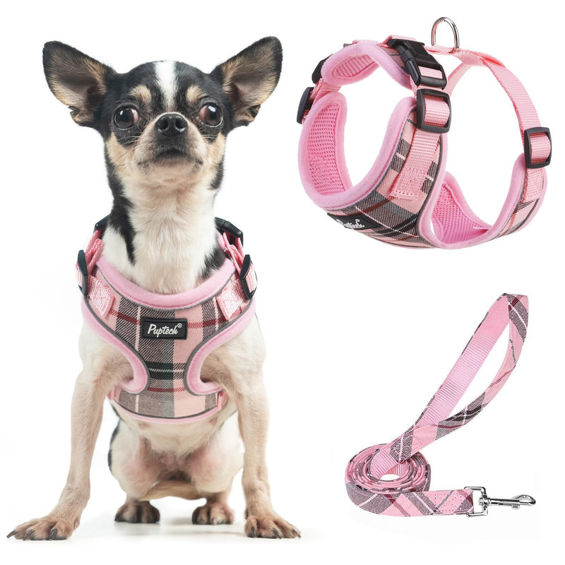 PUPTECK Soft Mesh Dog Harness and Leash Set Pet Puppy Cat Adjustable Reflective Padded Vest No Pull Harnesses, Pink, XS XS (NECK: 11-13", CHEST: 11-15") - PawsPlanet Australia