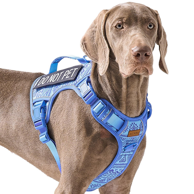 No Pull Dog Harness for Large Dogs with 2 Metal Clips, Easy On/Off with Neck Buckle, Heavy Duty Adjustable Tactical Puppy Vest, Breathable Pet Harness with Easy Control Handle, Blue L Blue Ethnic