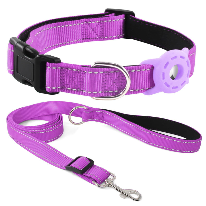 Kuley AirTag Dog Collar and Reflective Leash Set Bundle with Airtag Holder Case,Adjustable Padded Nylon Pet Collar for Small Medium Large Dogs(Purple, Medium) Purple - PawsPlanet Australia