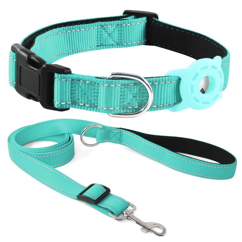 Kuley AirTag Dog Collar and Reflective Leash Set Bundle with Airtag Holder Case,Adjustable Padded Nylon Pet Collar for Small Medium Large Dogs(Teal, Small) Teal