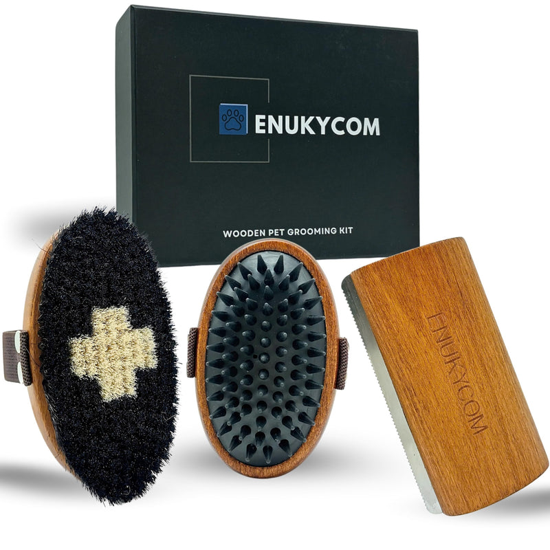 Wooden Pet Grooming Kit for Short-Haired & Double-Coated Dogs Cats Horses- Includes Bristle Brush, Massage Brush & Deshedding Brush -Dog Brush for Shedding - Best Deshedding Comb in Shedding Season - PawsPlanet Australia