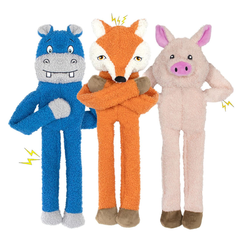 3 Pack No Stuffing Crinkle Squeaky Interactive Plush Dog Chew Toys to Keep Puppy Busy for Boredom & Enrichment Small & Medium Breeds Furry Friend Teething Orange Fox Pink Pig Blue Hippo - PawsPlanet Australia