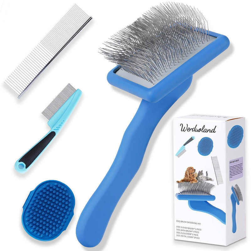 Ergonomic Slicker Brush for Long-Haired Dogs, Wooden Handle Dog Brush,Goldendoodles, Labradoodles, Poodles Long Pins for Grooming Loose Hair，Effectively Removes Tangles, Knots and Loose Fur Blue