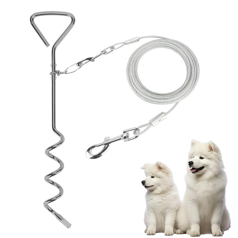 15 FT Dog Tie Out Cable and Stake Dog Runner for Yard Dog Tie Out Cable and Stake Dog Stakes for Outside, Camping(15ft Cable, 16" Stake, Silver) - PawsPlanet Australia